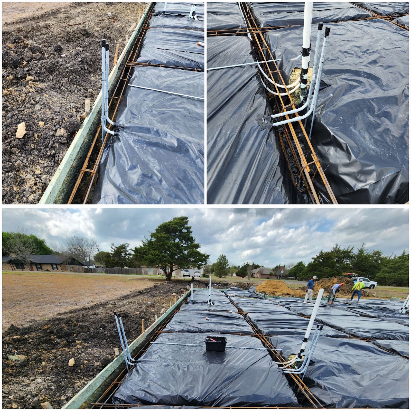 Underground electrical conduit stub-ups routed through a building slab before pour